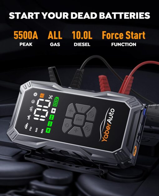 YaberAuto 9-in-1 Jump Starter with Air Compressor 5500A 150PSI Portable Car Battery Jump Starter (All Gas/10L Diesel), Jump Box Car Battery Jumper Starter Portable Jumper Cables, 150W DC, Lights - Image 7