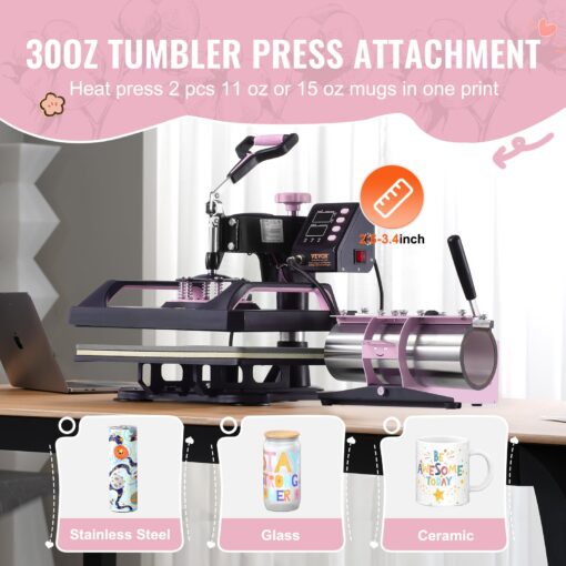 VEVOR 5 in 1 Heat Press Machine Combo with 30 OZ Tumbler Press & Hat Press 12x15 inch Heat Press for T-Shirts, Hats Caps Tumblers Glass Cans Mugs, and Plates (Pink & Black) - Image 6