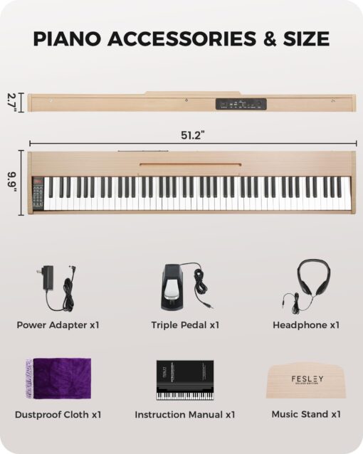 Fesley Weighted Piano Keyboard 88 Keys: Full Size Electric Keyboard Piano for Beginners, Portable 88 Key Keyboard with Daul Speaker,Sustain Pedal,Power Adapter,Support Bluetooth,USB MIDI,FEP300, Beige - Image 4