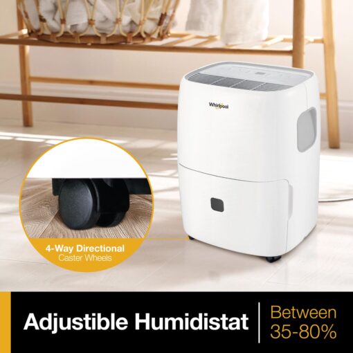 Whirlpool 50-Pint Portable Dehumidifier for Basement, Garage, and Living Room, 115V, Dehumidifier for Rooms up to 4500 Sq. Ft. with Energy Star Certification, Auto-Shutoff, and Timer in White - Image 4
