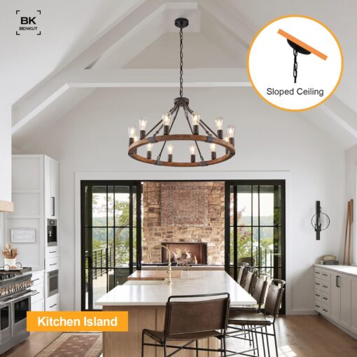 Benkut Farmhouse Wagon Wheel Chandelier 31" Black Rustic Light Fixtures 12-Light Wood Round Chandelier for Dining Room Living Room Entryway Foyer - Image 6