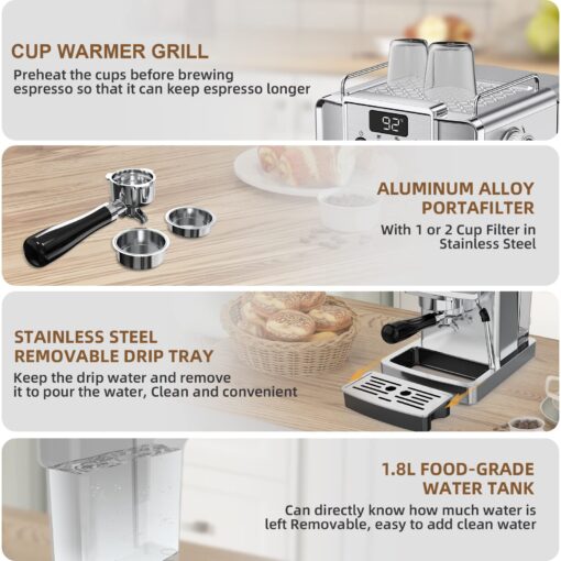 SUMSATY Espresso Machine 20 Bar With Milk Frother, Professional Coffee Maker, Stainless Steel for Home, Barista, Americano, Latte - Image 3