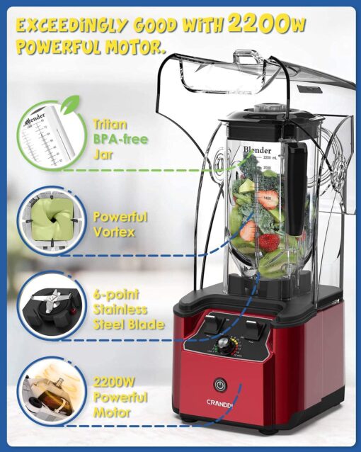 CRANDDI Quiet Commercial Blender with Soundproof Shield, 2200 Watt Professional Blenders for Kitchen with 80oz Pitcher and Self-Cleaning, High-Speed Blenders K90 Red - Image 5