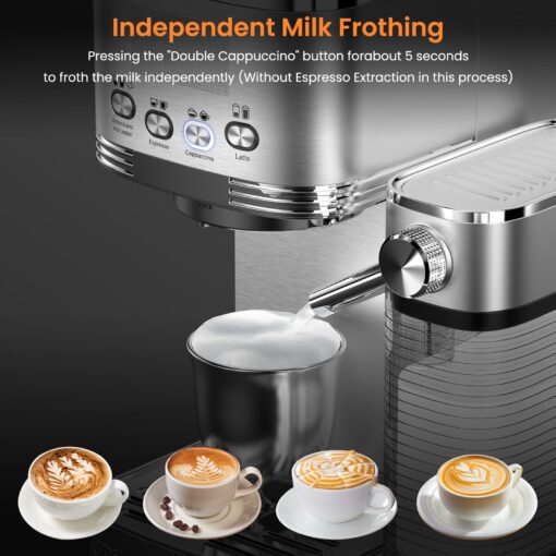 URintells Cuising Espresso Machine 20 Bar Cappuccino Latte Machine with Automatic Milk Frother,Temperature Control LED Display StainlessSteel Dual Heat System Coffee Maker with ESE Pod Filter for Home - Image 6