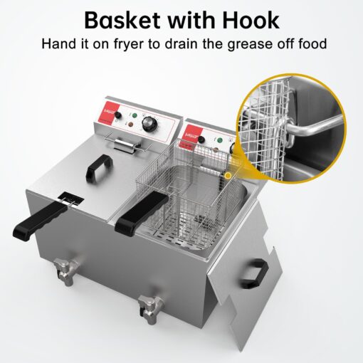 Valgus Dual Tanks Commercial Deep Fryer Electric 1700W 120V 26L Large Capacity Stainless Steel Countertop Kitchen Frying Machine with Basket & Lid, Drain System for Home Kitchen and Restaurant - Image 5