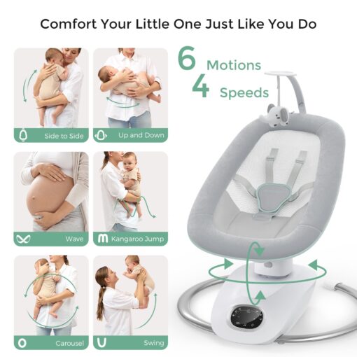 Momcozy CocoSway Baby Swing for Infants to Toddler, 3D-Motion Electric Baby Swing with 6 Motions & 4-Speeds, Remote Control, Infant Swing with 8 Preset Lullabies for Baby Boy Girl Up to 20 lbs - Image 7