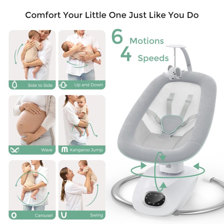 Momcozy CocoSway Baby Swing for Infants to Toddler, 3D-Motion Electric Baby Swing with 6 Motions & 4-Speeds, Remote Control, Infant Swing with 8 Preset Lullabies for Baby Boy Girl Up to 20 lbs - Image 7