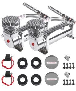 ZHSYMX Heavy Duty 200 PSI Air horn Compressor Dual Value Pack, 3/8 NPT Train Horn/Air Ride Compressor, Fittings for 12V Train/Truck/Car,Air Suspension horn Compressor SILVER