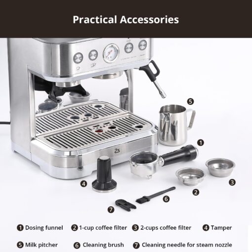 Takywep Professional Espresso Machine with Built-In Grinder and Milk Frother, 15 Bar Cappuccino and Latte Maker, Gift for Coffee Enthusiasts, Mom, Dad - Image 3