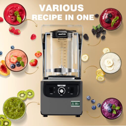 Wantjoin Professional Blender, Commercial Quiet blender Soundproof Blender 2200ml with Cover for Crushing Ice,Smoothie,Puree,Blender for Kitchen 1800W (Grey) - Image 5