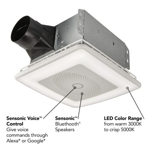Broan-NuTone VC110CCT Sensonic Alexa Voice Controlled Smart Exhaust Fan with Dimmable LED Light and Bluetooth Speakers, 110 CFM,White, 13.25"x13.25"x5.75" - Image 7