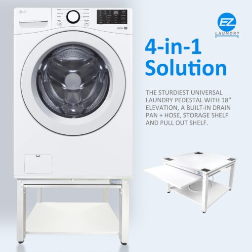 EZ Laundry - Laundry Pedestal for Washer/Dryer, 24" Anti-Vibration Steel Stand with Adjustable Feet Elevates 18", Includes Drain Pan & Hose Pull Out Shelf (White with Shelf) - Image 6