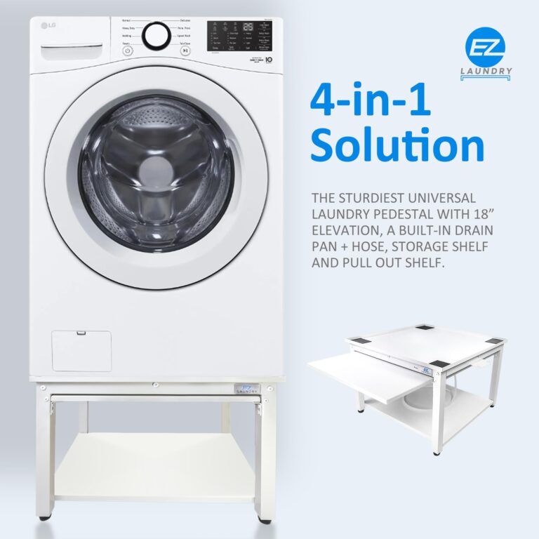 EZ Laundry - Laundry Pedestal for Washer/Dryer, 24" Anti-Vibration Steel Stand with Adjustable Feet Elevates 18", Includes Drain Pan & Hose Pull Out Shelf (White with Shelf) - Image 6