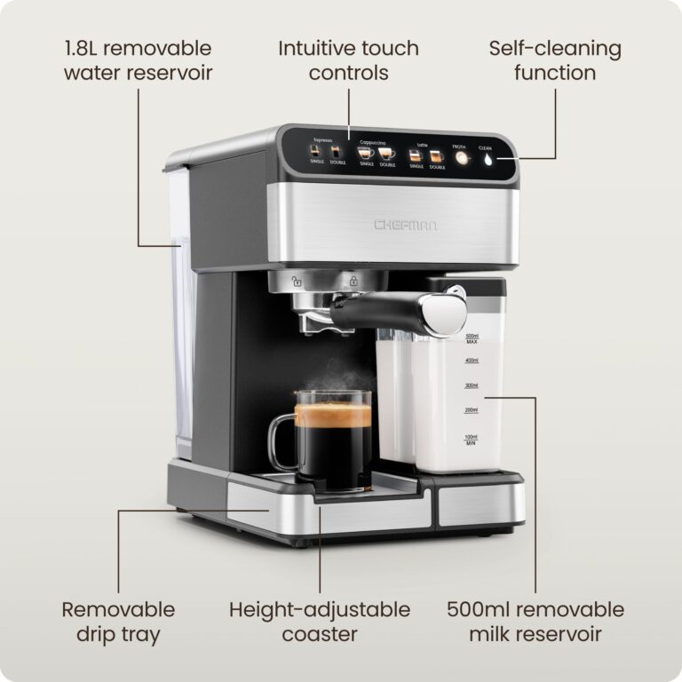 Chefman CaféMaster Pro Espresso Machine, Brew Single or Double Shots, Coffee Maker with Built-In Milk Frother for Cappuccino & Latte, XL 1.8 Liter Removable Water Reservoir - Stainless Steel - Image 3