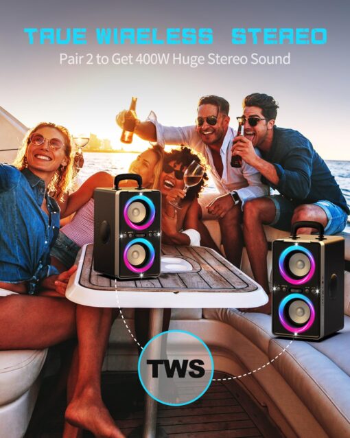 YIER Bluetooth Party Speaker, 200W Peak Portable Loud Stereo with Subwoofer, Wireless TWS Pairing Deep Bass Led Light Show with Fast Charging for Outdoor Home Party Camping - Image 5
