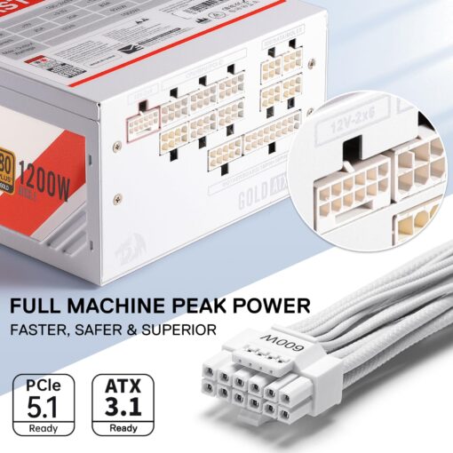 Redragon RGMS-1200W PRO 80+ Gold 1200 Watt Power Supply w/Upgraded ATX 3.1 & PCIe 5.1 Fully Modular, Compact 150mm Size, Smart ECO Low Noise Fan, 100% Japanese Capacitors, Full Mod Cables - Image 2