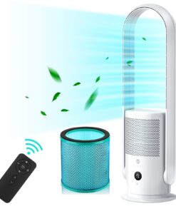 U ULTTY Bladeless Tower Fan and Air Purifier in one, True HEPA Filter 99.97% Smoke Dust Pollen Dander, Oscillating Tower Fan with Remote Control CR022D, White