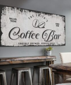 Tailored Canvases Custom Coffee Bar Sign - Small and Large Canvas Wall Art Decor Signage for Home, Kitchen, Coffee Station, Business and Office - Personalized Grey Rustic Coffee Beans, 48x24in