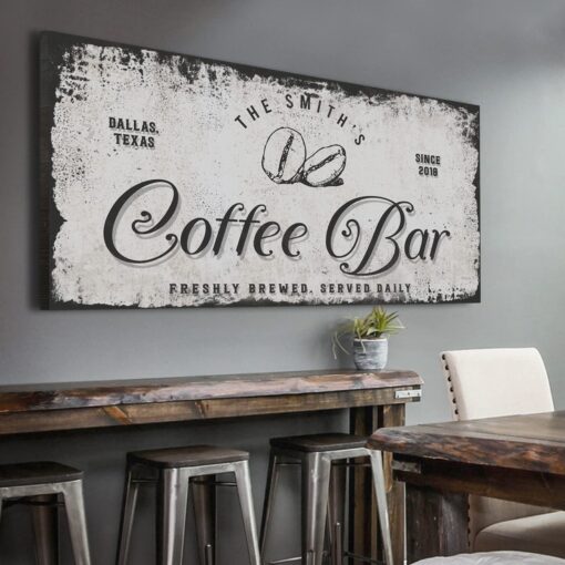 Tailored Canvases Custom Coffee Bar Sign - Small and Large Canvas Wall Art Decor Signage for Home, Kitchen, Coffee Station, Business and Office - Personalized Grey Rustic Coffee Beans, 48x24in