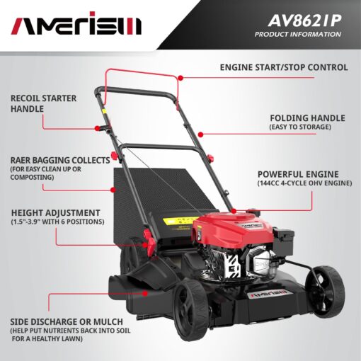 AMERISUN Gas Lawn Mower, 21" with 144cc 4-Cycle OHV Engine 3-in-1 Walk-Behind Push Lawn Mower (AV8621P1) - Image 8