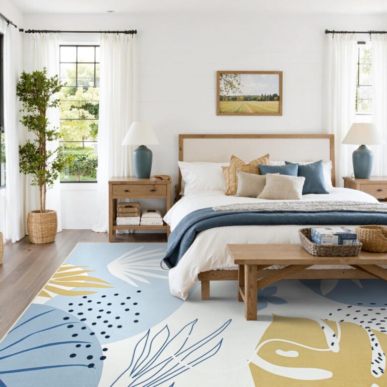Lahome 9x12 Rugs for Living Room, Washable Non-Slip Ultra-Thin Larege Area Rug for Dining Room Table, Boho Botanical Print Indoor Soft Carpet for Bedroom Office, Blue - Image 3