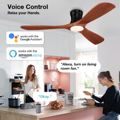 52' Smart Wood Low Profile Ceiling Fan with Lights Remote, Quiet DC Motor, Outdoor Indoor Flush Mount, Voice Control via WIFI Alexa App, Modern Dimmable Lighting for Bedroom Patio - Image 7