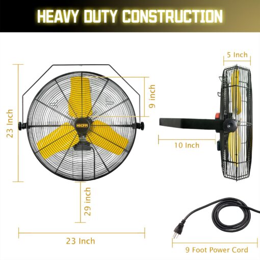HiCFM 9100 CFM 24 inch Heavy Duty Industrial Wall Mounted Fan with TEAO Enclosure Motor, Permanent Lubricated Ball Bearing, 9 FT Cord, 180Degree Tilting, Safety Yellow Blade Wall Fan - UL Listed - Image 4