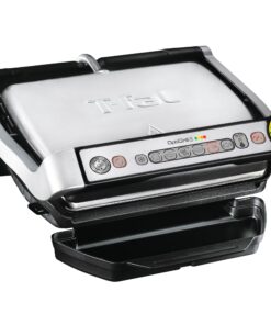 T-Fal OptiGrill Stainless Steel Electric Grill 4 Servings 6 Automatic Cooking Modes, Intelligent grilling rare to well-done 1800 Watts Nonstick Removable Plates, Dishwasher Safe, Indoor, Silver