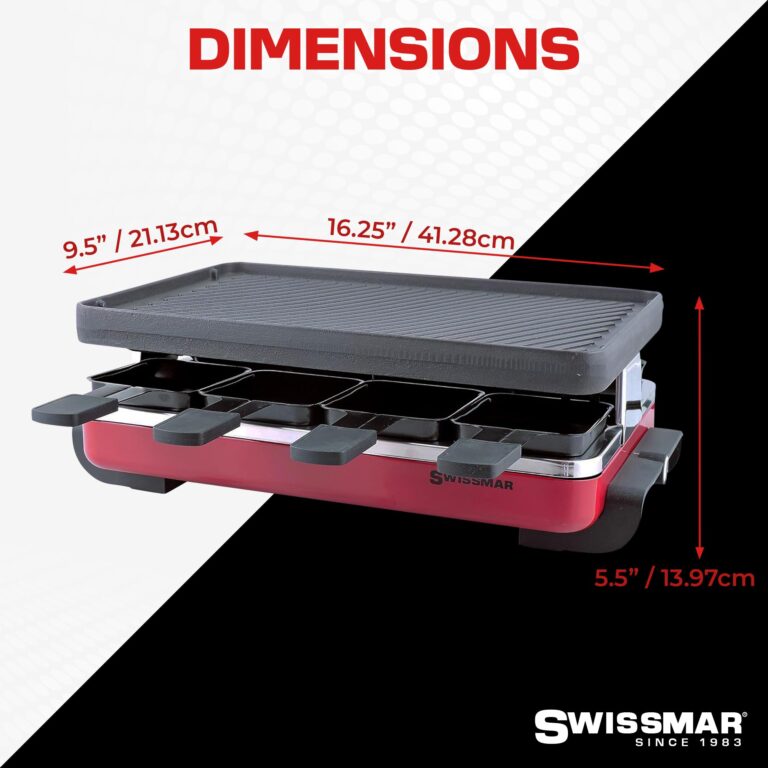 Swissmar Classic 8-Person Raclette Party Grill with Reversible Cast Iron Grill Plate/Crepe Top, Indoor Electric Raclette Grill & Griller - Red - Image 2