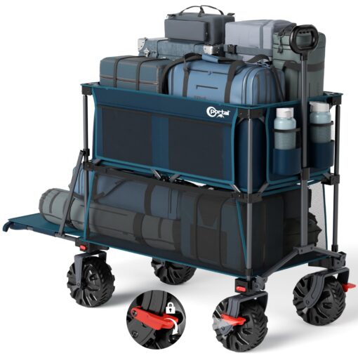 PORTAL 400L Large Capacity Collapsible Double Decker Wagon with Brakes, 450LB Heavy Duty Folding Cart with Tailgate, Foldable Utility Wagons for Camping, Beach, Garden, Sports, Shopping