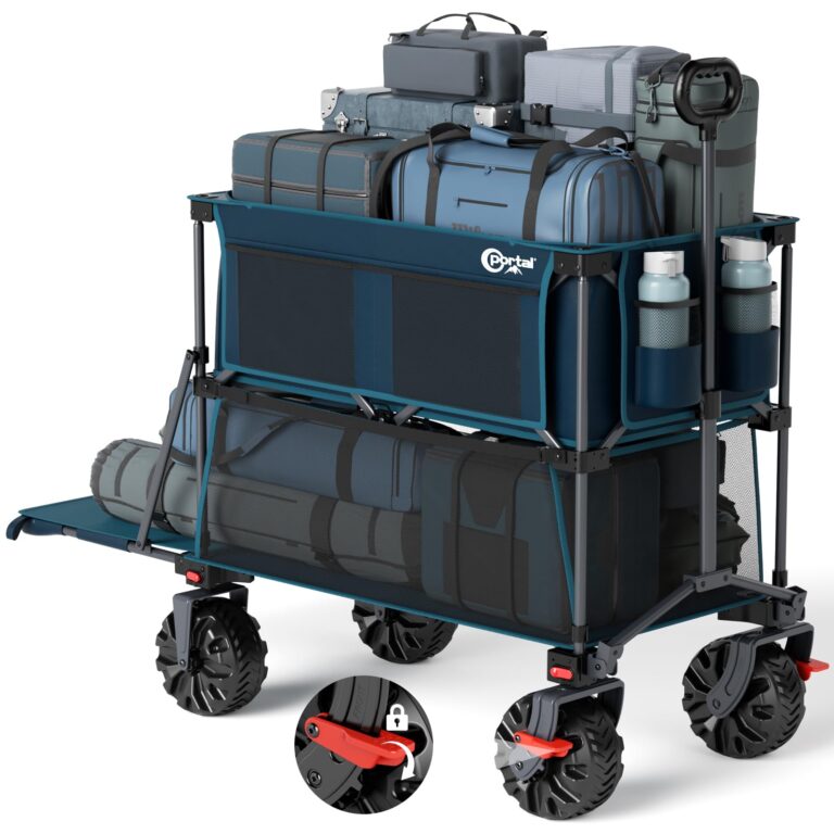 PORTAL 400L Large Capacity Collapsible Double Decker Wagon with Brakes, 450LB Heavy Duty Folding Cart with Tailgate, Foldable Utility Wagons for Camping, Beach, Garden, Sports, Shopping