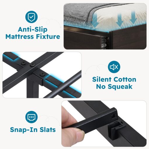 Kiivakii Full Size Bed Frame with Headboard, LED Platform Bed with 4 Storage Drawers, Built in Charging Station, Noise-Free, Metal Support Base, No Box Spring Needed, Black - Image 4