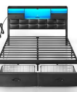 Rolanstar Bed Frame Full Size with Drawers and Charging Station, Upholstered Platform Bed with Storage Headboard and LED Light, Heavy Duty Metal Frame Support, No Box Spring Needed, Noise Free, Black