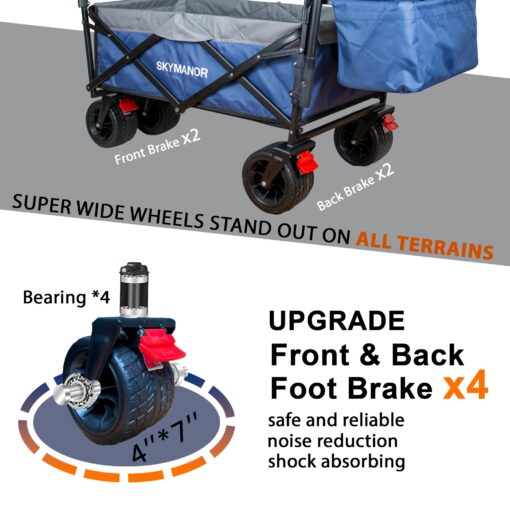 SKYMANOR Collapsible Wagon Folding Garden Cart with Removable Canopy Utility Heavy Duty Wagon Cart with All-Terrain Wheel Storage 4 Brake for Camping Shopping (Upgraded Canopy-Gray-Blue Splicing) - Image 3