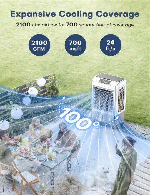 BALKO Evaporative Air Cooler, 2100CFM Windowless Air Conditioner Cooling up to 700 Sq.ft, Swamp Cooler Air Conditioner w/2 Modes & 3 Speeds, 7H Timer & Remote, Portable for Room Garage Patio - Image 7