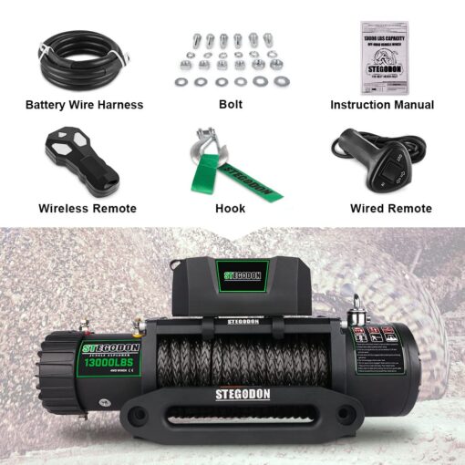STEGODON Winch 13000 lb Winch 12V Electric Winch Synthetic Rope Winch Rough Country Winch with Hawse Fairlead,Wired Handle and Corded Control for Jeep Truck SUV - Image 3