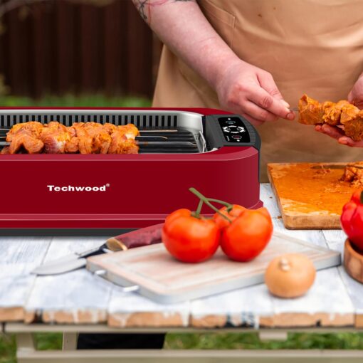 Indoor Smokeless Grill, Techwood 1500W Electric Indoor Grill with Tempered Glass Lid, Portable Non-stick BBQ Korean Grill, Turbo Smoke Extractor Technology, Drip Tray& Double Removable Plate, Red - Image 3