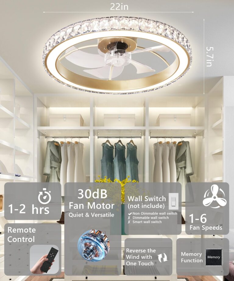 Aipsun Low Profile Modern Crystal Chandelier Ceiling Fans with Lights and Remote, 3000K-6500K Smart Bladeless LED Fan Light, 22" Gold Modern Ceiling Fans with Lights for Bedroom - Image 2