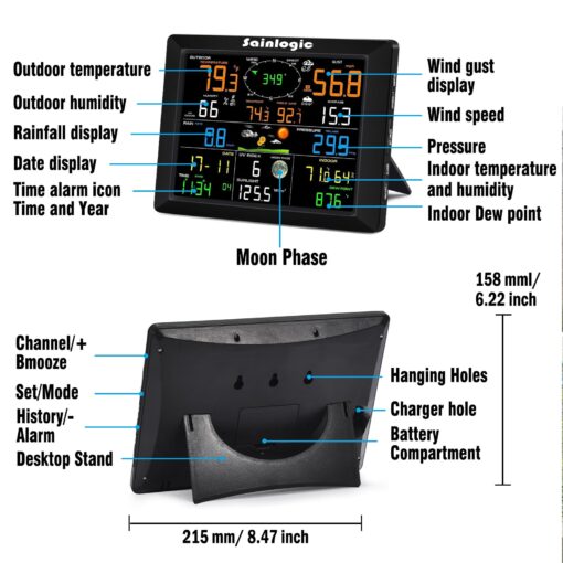 Sainlogic WiFi Weather Station, 8.3 inch Large Display Wireless Indoor Weather Stations with Rain Gauge and Wind Gauge,Weather Forecast,Wunderground - Image 2