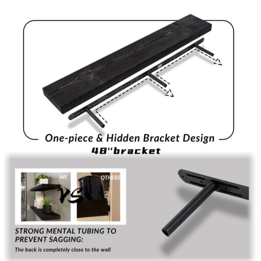 XWNE Rusitc Floating Shelves 48 inch Long 8 "deep Set of 2, Heavy Duty Wood Wall Mounted Shelves for Bathroom Living Room Kitchen,Book Shelves with Thickened Hidden Bracket-Black - Image 8