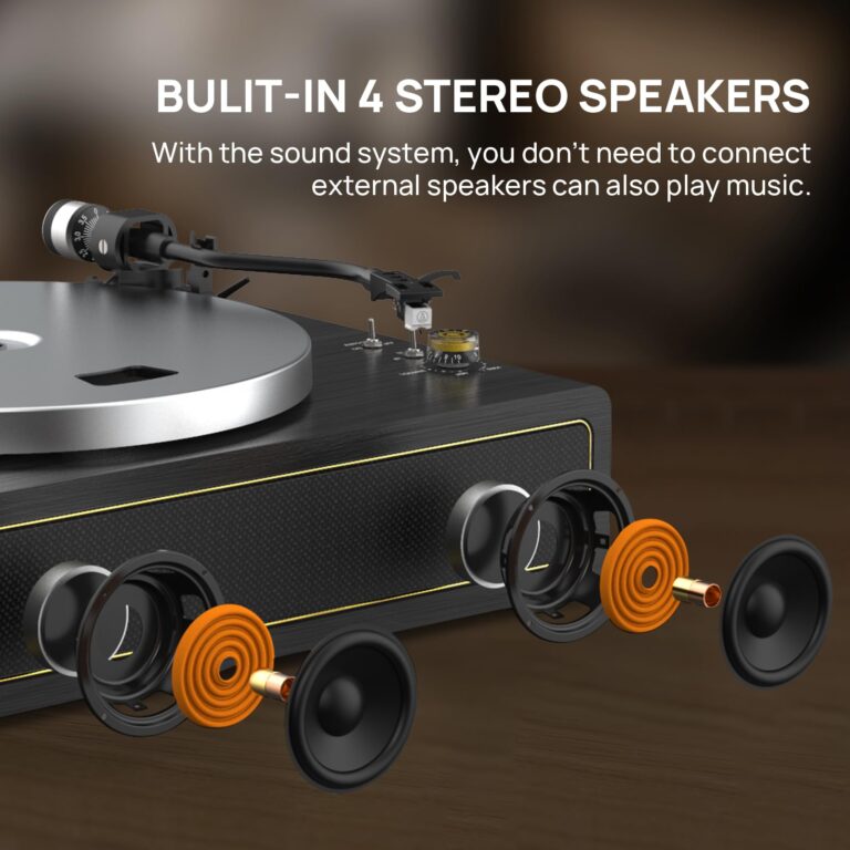 Turntable Record Player with Built-in Speakers, Vinyl Record Player Support Bluetooth Playback Auto Stop 33&45 RPM Speed RCA Line Out AUX in All-in-one Belt-Drive Turntable for Vinyl Records Black - Image 8