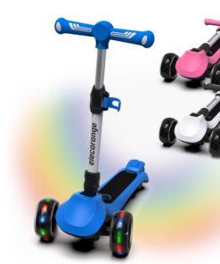 Elecorange T200 Electirc Scooter for Kids, Light Up Scooter with Big LED Wheels, Flashing Deck, Adjustable Heights, 3 Wheeled Scooter, Balance Training Scooter for Kids 3-7, 4-6, 3+, Blue