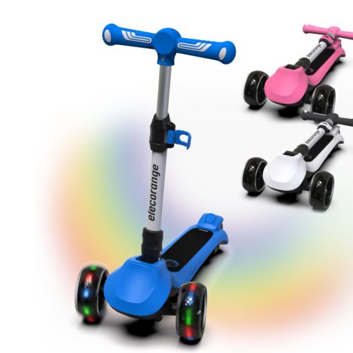 Elecorange T200 Electirc Scooter for Kids, Light Up Scooter with Big LED Wheels, Flashing Deck, Adjustable Heights, 3 Wheeled Scooter, Balance Training Scooter for Kids 3-7, 4-6, 3+, Blue