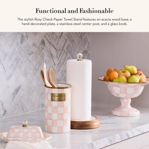 MACKENZIE-CHILDS Wood Paper Towel Holder, Decorative Paper Towel Holder for Kitchen, Pink-and-White Rosy Check - Image 6