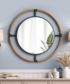 Barnyard Designs 32 Inch Round Nautical Coastal Wall Mirror, Metal/Rope Framed Rustic Farmhouse Bathroom Beach Decor, Black/Natural