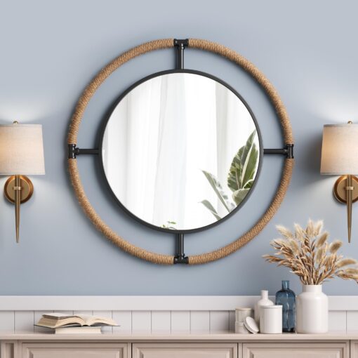 Barnyard Designs 32 Inch Round Nautical Coastal Wall Mirror, Metal/Rope Framed Rustic Farmhouse Bathroom Beach Decor, Black/Natural