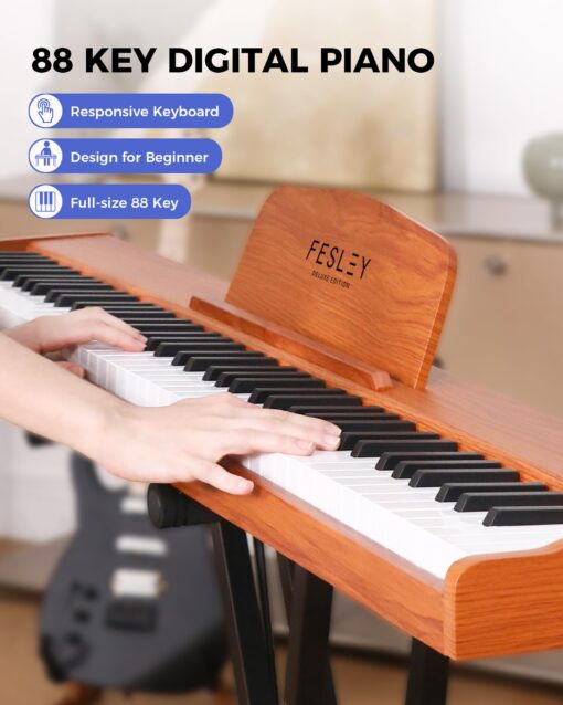 Fesley Weighted Piano Keyboard 88 Keys: Full Size Electric Keyboard Piano for Beginners, Portable 88 Key Keyboard with Daul Speaker,Sustain Pedal,Power Adapter,Support Bluetooth,USB MIDI,FEP300, Brown - Image 7