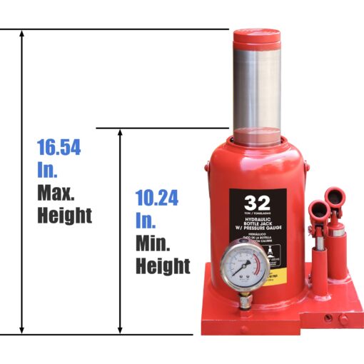 TCE 32 Ton (64,000 LBs) Torin Heavy Duty Professional Double Piston Car Bottle Jack with Gauge for Construction Stabilization, Red, ATH932001BU - Image 6
