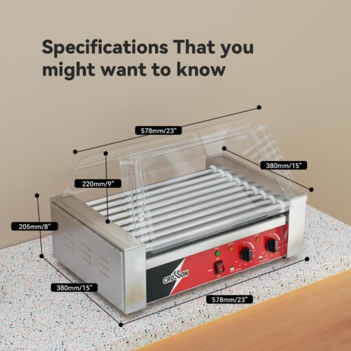CROSSON Hot Dog 9 Roller Grill Cooker Machine with Transparent Sneeze Guard,9 Nonstick 304SS Rollers and Dual Temp Control,Commercial Hot Dog Cooker Machine-120V, 1350W - Image 2