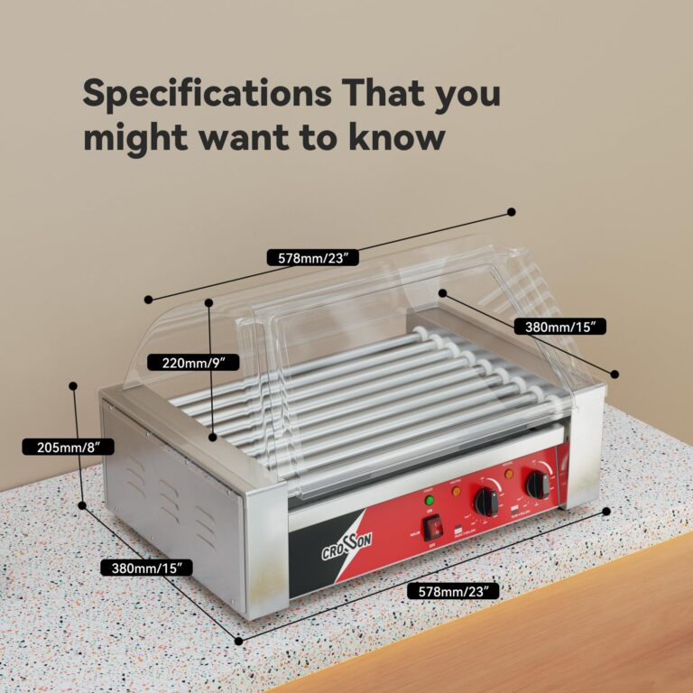 CROSSON Hot Dog 9 Roller Grill Cooker Machine with Transparent Sneeze Guard,9 Nonstick 304SS Rollers and Dual Temp Control,Commercial Hot Dog Cooker Machine-120V, 1350W - Image 2